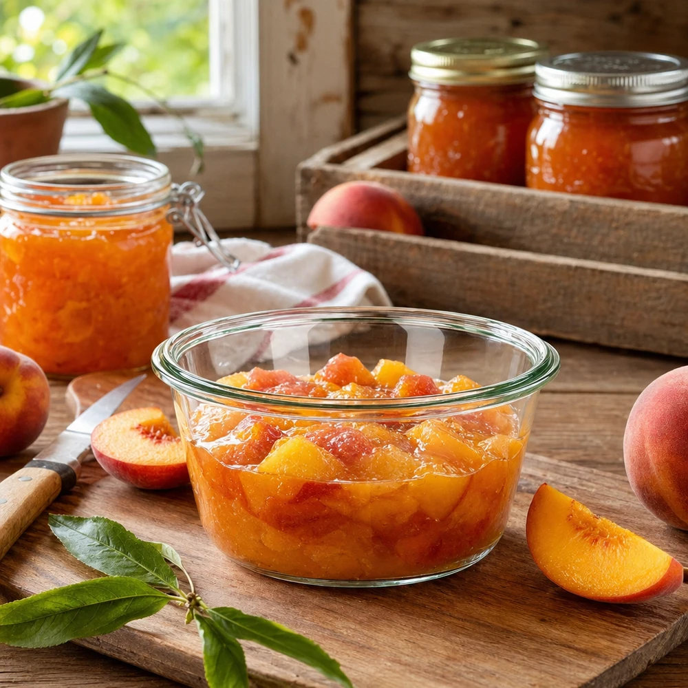 290ml sklenice na šťávu WECK RR100 pro labužníky. WECK RR100 290ml Gourmetglas mit Pfirsichmarmelade gefüllt auf Holzbrett neben frischen Pfirsichen in rustikaler Küche