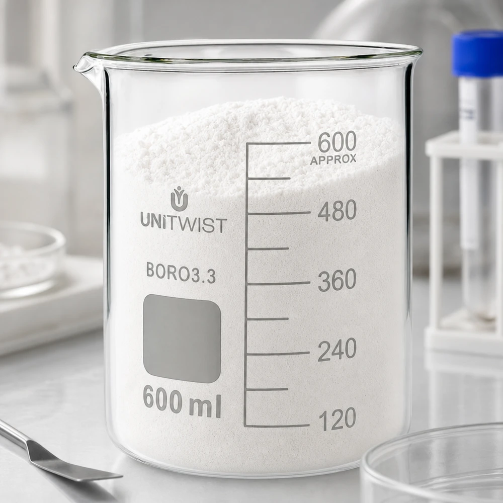 Kádinka 600 ml borosilikátová, nízká forma UNiTWIST UNiTWIST Becherglas 600ml mit weißem Pulver und Beschriftungsfeld aus Boro3.3 Borosilikatglas