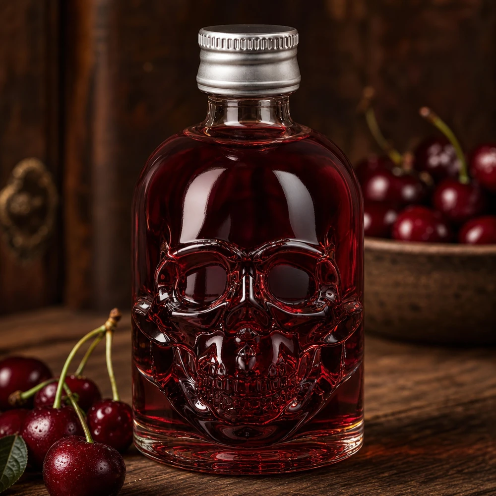 50ml Glasflasche Hector mit roter Kirschflüssigkeit und silbernem Verschluss zwischen frischen Kirschen auf Holztisch