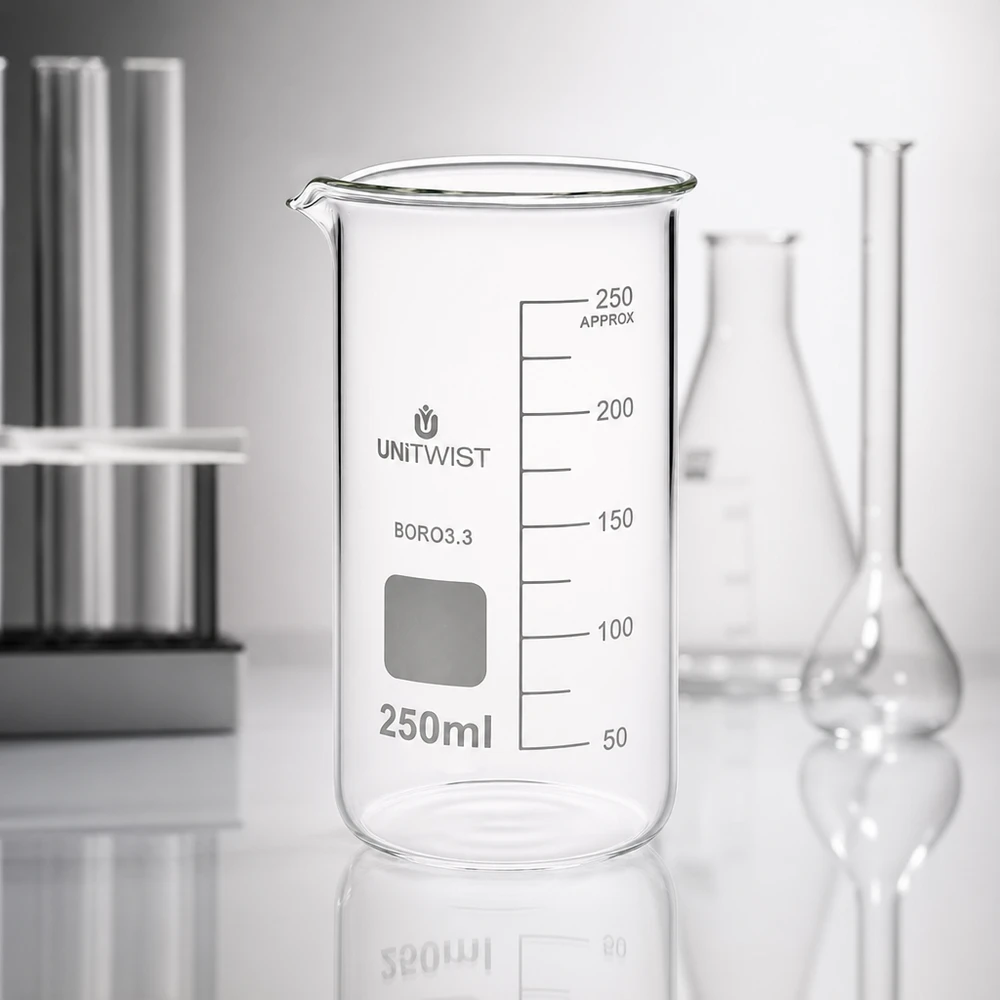 Kádinka 250ml borosilikátová, vysoká forma UNiTWIST Professionelles Laborglas UNITWIST 250ml hohe Form mit Ausgießer und weißem Schreibfeld BORO3.3