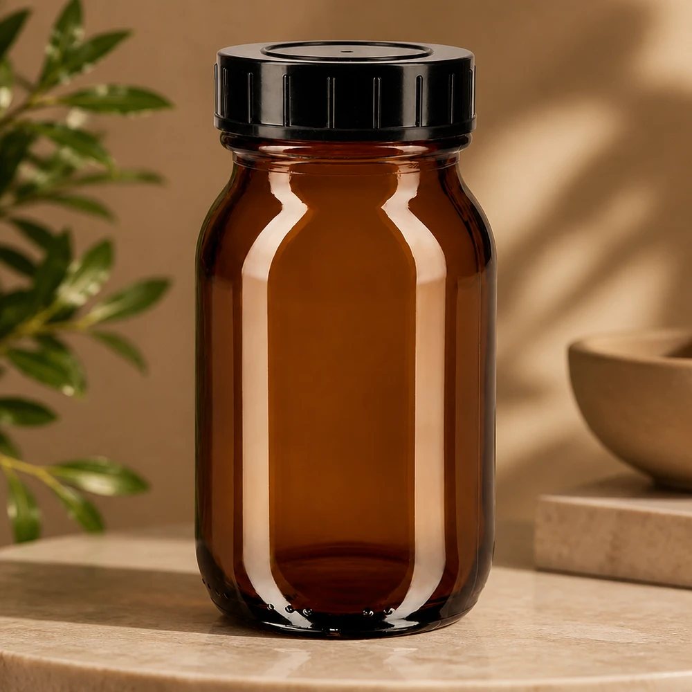 100ml láhev se širokým hrdlem jantarové sklo se šroubovacím uzávěrem Robuste Weithalsflasche 100ml Braunglas mit luftdichtem Verschluss für lange Haltbarkeit
