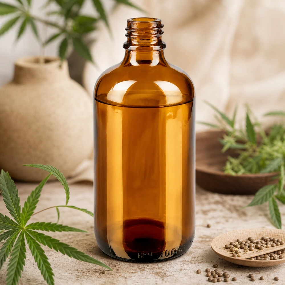 Lahvička s kapátkem 100 ml DIN 18 z jantarového skla 100ml braune Apothekerflasche ApoGlas mit Cannabis Hanfpflanzen und Koriandersamen auf Holztisch