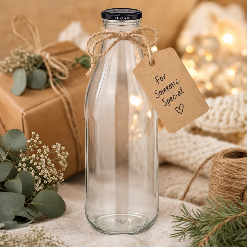 1000ml Glasflasche mit schwarzem Deckel Geschenkverpackung Juteschnur Anhänger Dekoration nachhaltig umweltfreundlich