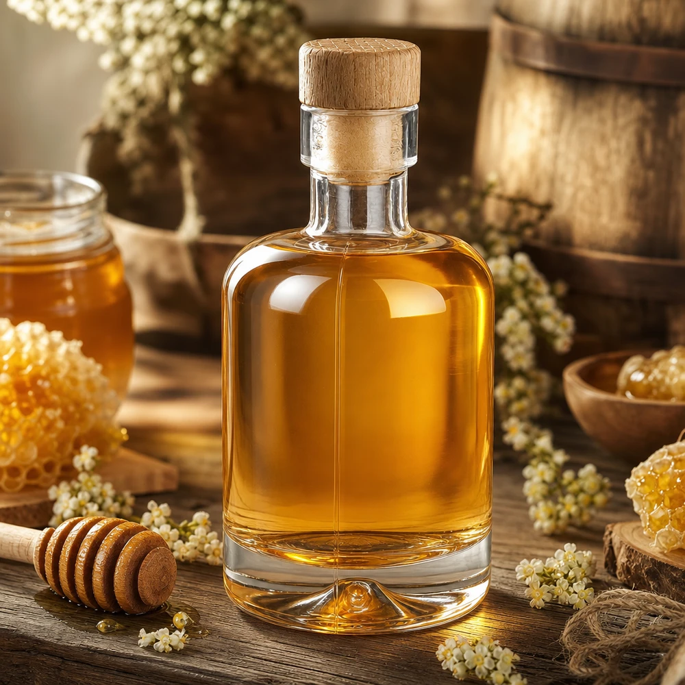 50ml Glasflasche Amelie mit Honig befüllt umgeben von Waben Honigdipper und getrockneten Blüten rustikal inszeniert