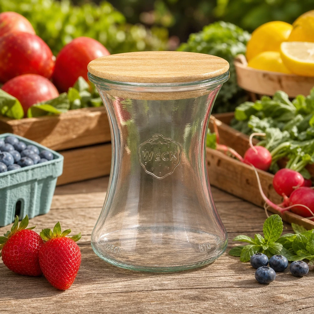370ml lahůdková sklenice WECK RR80 s dřevěným víčkem kulička. WECK Delikatessenglas 370ml RR80 mit Holzdeckel auf Holztisch zwischen frischen Erdbeeren Blaubeeren und Gemüse