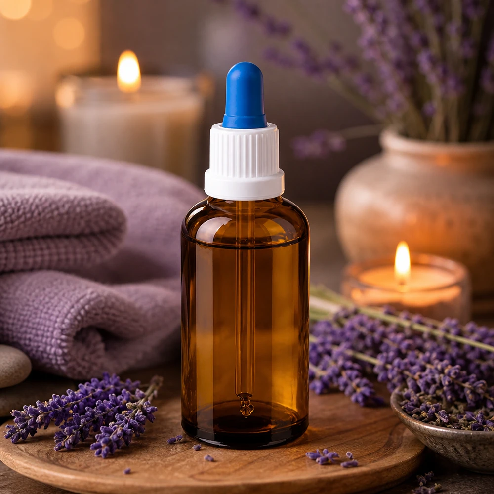 50ml pipetovací láhev bílá/modrý tamper evidentní uzávěr BrownLine UT18/50 Kompakte 50ml Dosierflasche mit blauem Tropfer für Spa und Massage-Öle
