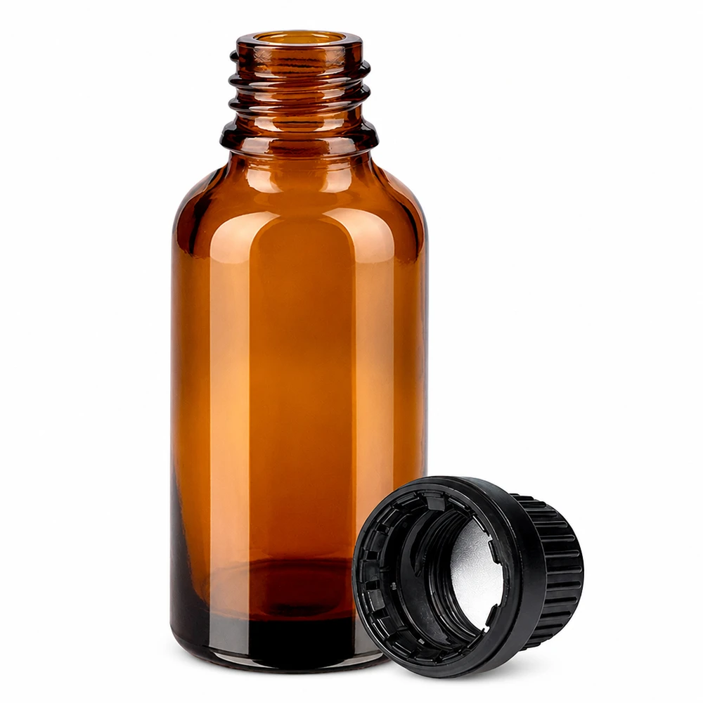 30ml Tropfflasche aus UV-schützendem Braunglas mit robustem schwarzen Verschluss