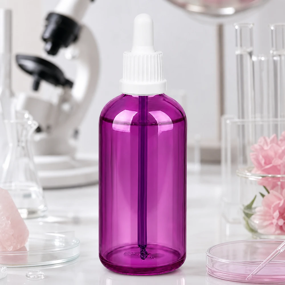 100ml pipetovací láhev bílá Originality šroubovací uzávěr PurpleLine UT18/100 Schlanke 100ml Glasflasche violett mit Pipette perfekt für DIY-Kosmetik und Mischungen