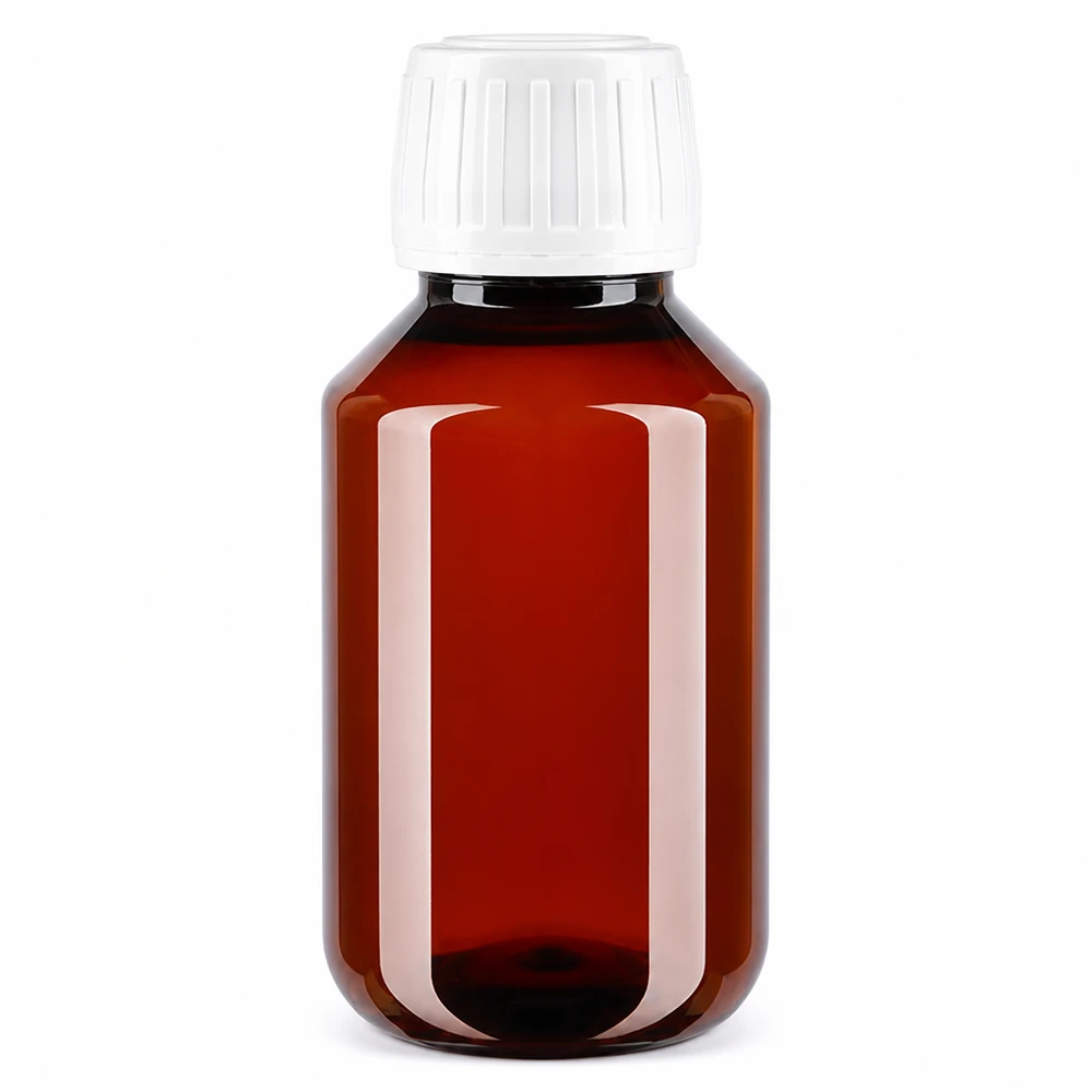 PET láhev 100ml s bílým standardním uzávěrem s pojistkou proti manipulaci Hnědá PET láhev o objemu 100 ml s bílým bezpečnostním uzávěrem pro tekutiny