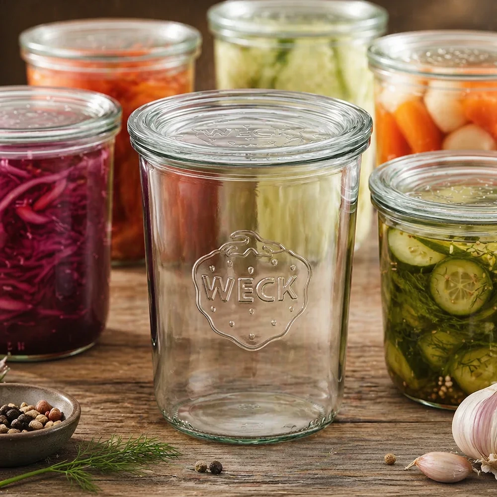 Zavařovací sklenice 850ml se skleněným víčkem WECK RR100 WECK Sturzglas 850ml RR100 mit eingelegtem Gemüse und Gewürzen zeigt Einmachen und Fermentieren im Haushalt