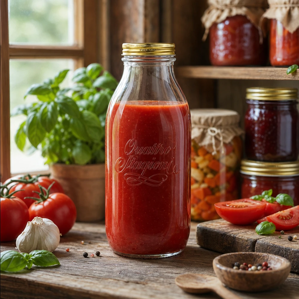 1000ml skleněná láhev "Quattro Stagioni" s víčkem Quattro Stagioni 1000ml Glasflasche mit Tomatensauce gefüllt in rustikaler Küche mit frischen Tomaten und Kräutern