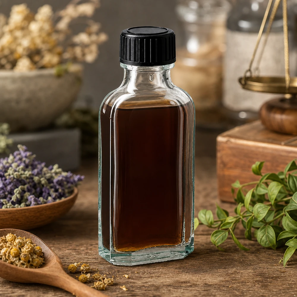 50ml Flachflasche Glas klar mit Dichtscheibe neben Lavendel und Kamillenblüten