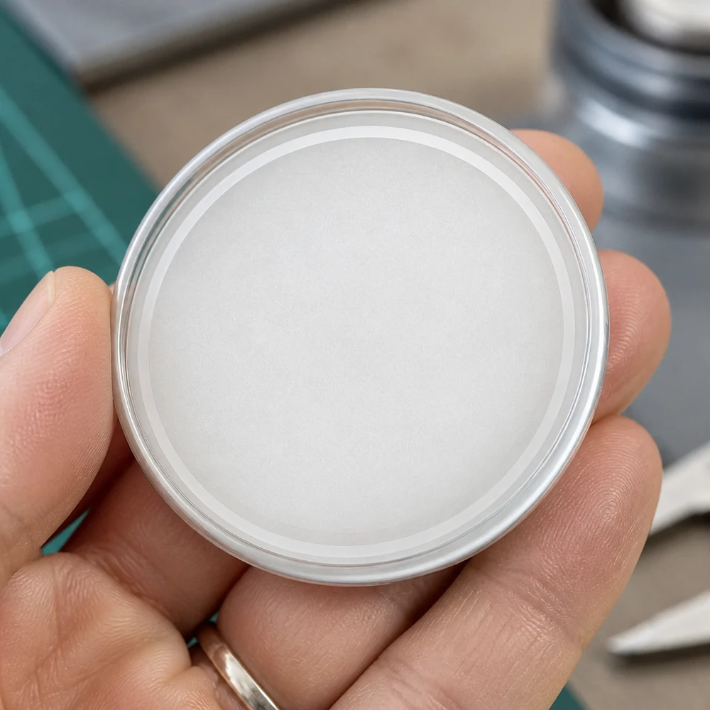 Detailní záběr bílého víčka BasicSeal 100 mm TO100 UniTwist se stříbrným okrajem, pohled shora