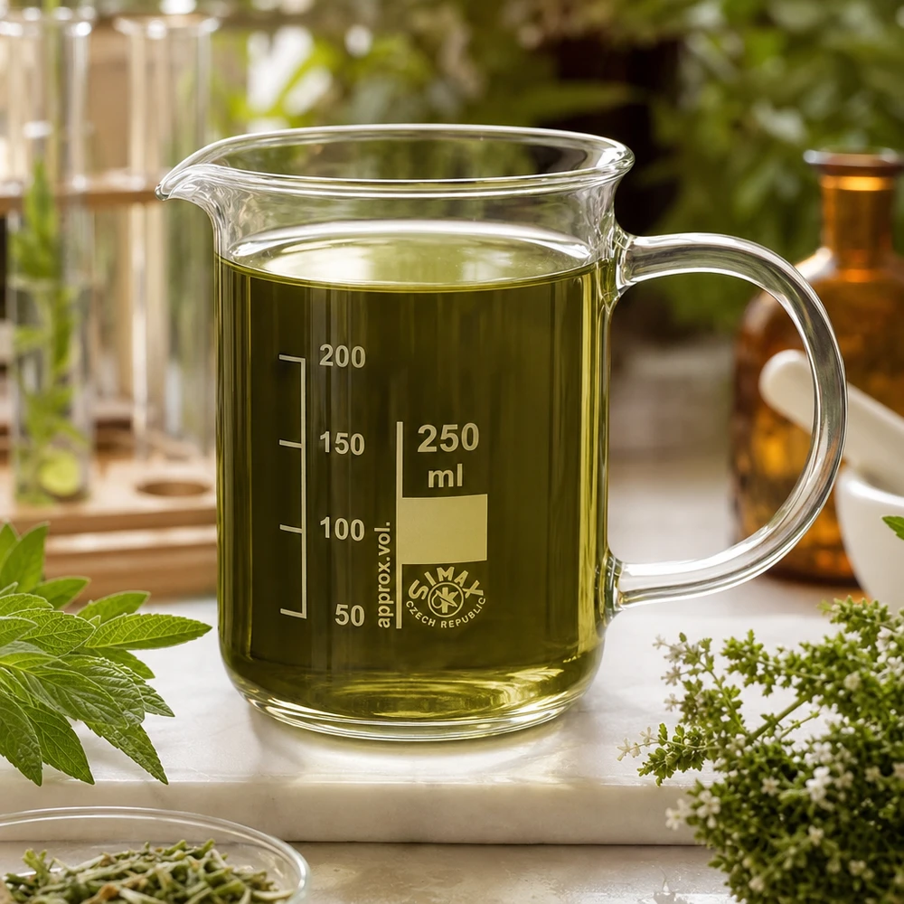 Kádinka z borosilikátového skla 250ml, s rukojetí Becherglas mit Henkel 250ml Borosilikatglas für die Herstellung von Kräuterölen und Essenzen