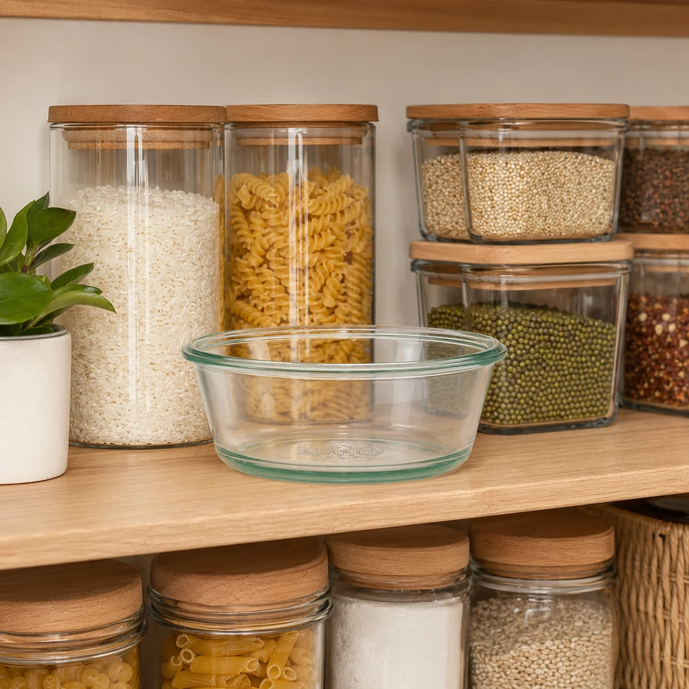 Gurmánská sklenice 300 ml WECK RR120 WECK Gourmetglas 300ml RR120 in organisierter Vorratsschrank-Szene mit Vorratsgläsern und Gewürzen zeigt praktische Aufb