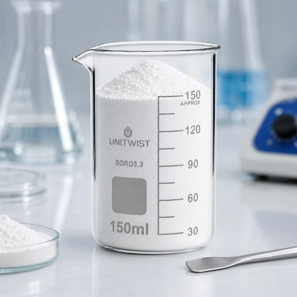 Kádinka 150ml borosilikátová, vysoká forma UNiTWIST 150ml Laborglas UNITWIST hohe Form Borosilikat mit weißem Pulver und Erlenmeyerkolben im Hintergrund
