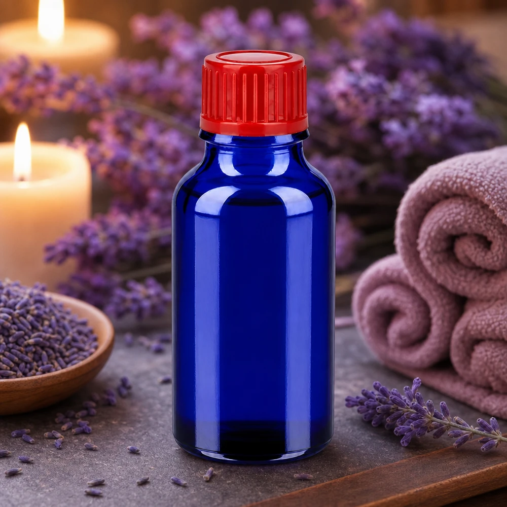 Robuste Cobaltblau Glasflasche 20ml mit dichtem roten Verschluss für Homöopathie und Naturheilkunde
