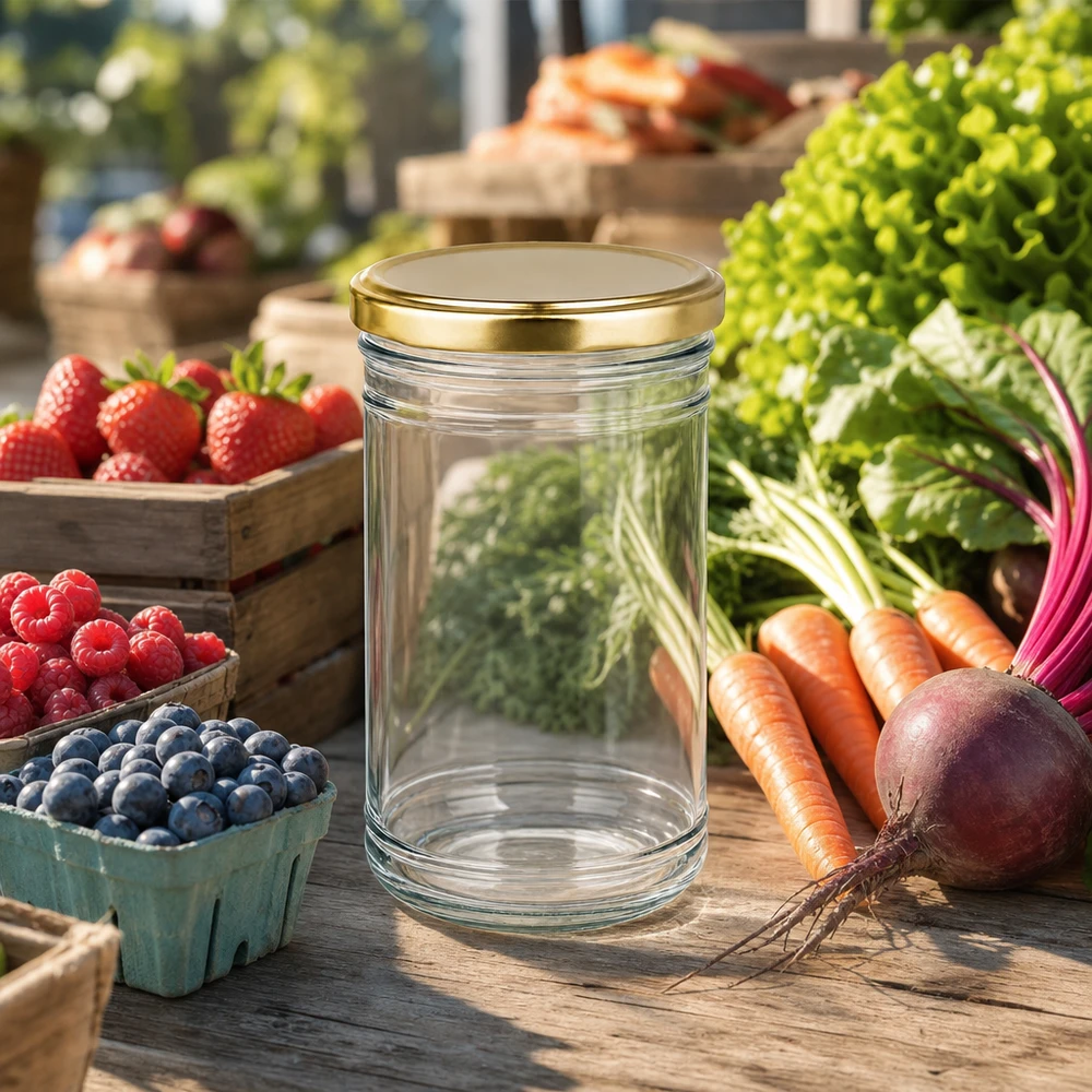 1053ml tumblery s víčkem BasicSeal zlaté UNiTWIST Leeres 1053ml Sturzglas mit goldenem Deckel auf Bauernmarkt zwischen frischem Gemüse und Beeren zum Einkochen