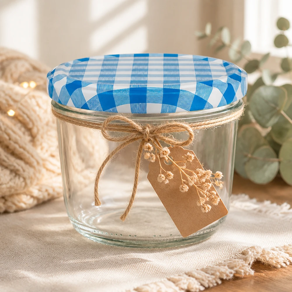 230ml kelímky + víčko BasicSeal modré/bílé UNiTWIST 230ml Sturzglas mit blau-weißem BasicSeal Deckel dekoriert mit Juteschnur und Kraftpapier-Anhänger als Geschenkverpackun