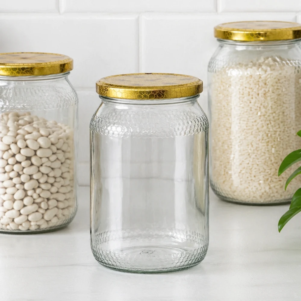 1260g Honigglas + BasicSeal Deckel Bienenwabe UNiTWIST 900ml Honiggläser mit BasicSeal Bienenwaben-Deckel als Vorratsgläser für Bohnen und Reis in Pantry organisiert