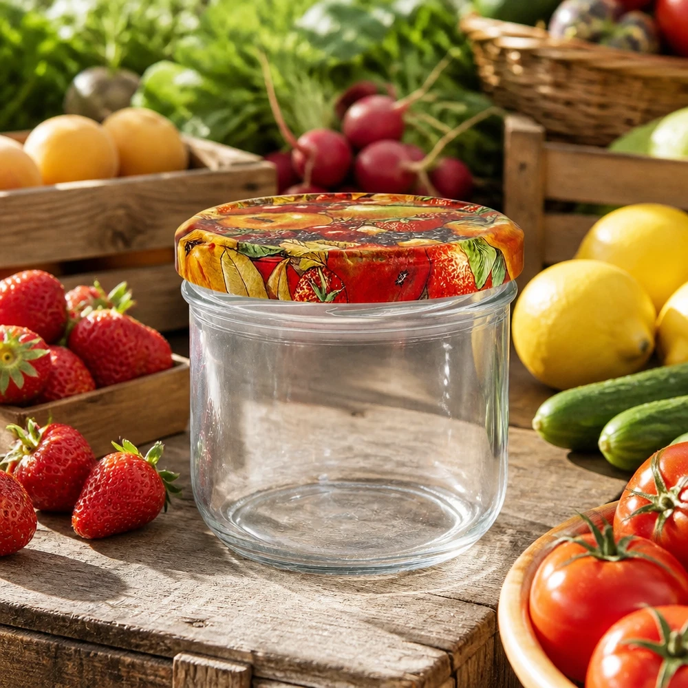 Leeres 260ml Sturzglas mit Obst-Dekor Deckel umgeben von frischem Gemüse und Früchten auf Holztisch