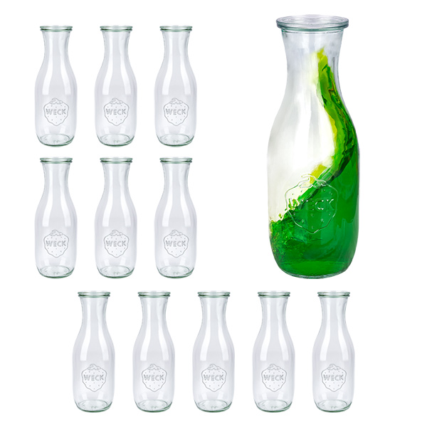 Sada 12 sklenic Weck 1062ml láhev na džus s 12 skleněnými víčky. Sada 12 sklenic Weck 1062ml láhev na džus s 12 skleněnými víčky.