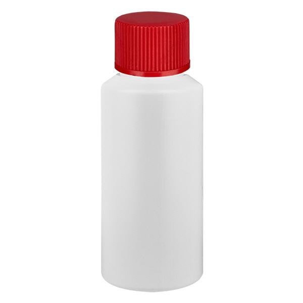 Lékárenská láhev HDPE 30ml bílá, s červeným šroubovacím uzávěrem