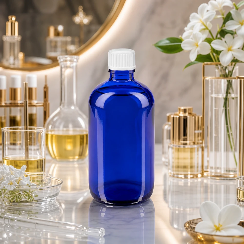 Kobaltblaues Apothekerflacon 100ml weißer Schraubverschluss zwischen Parfumflakons