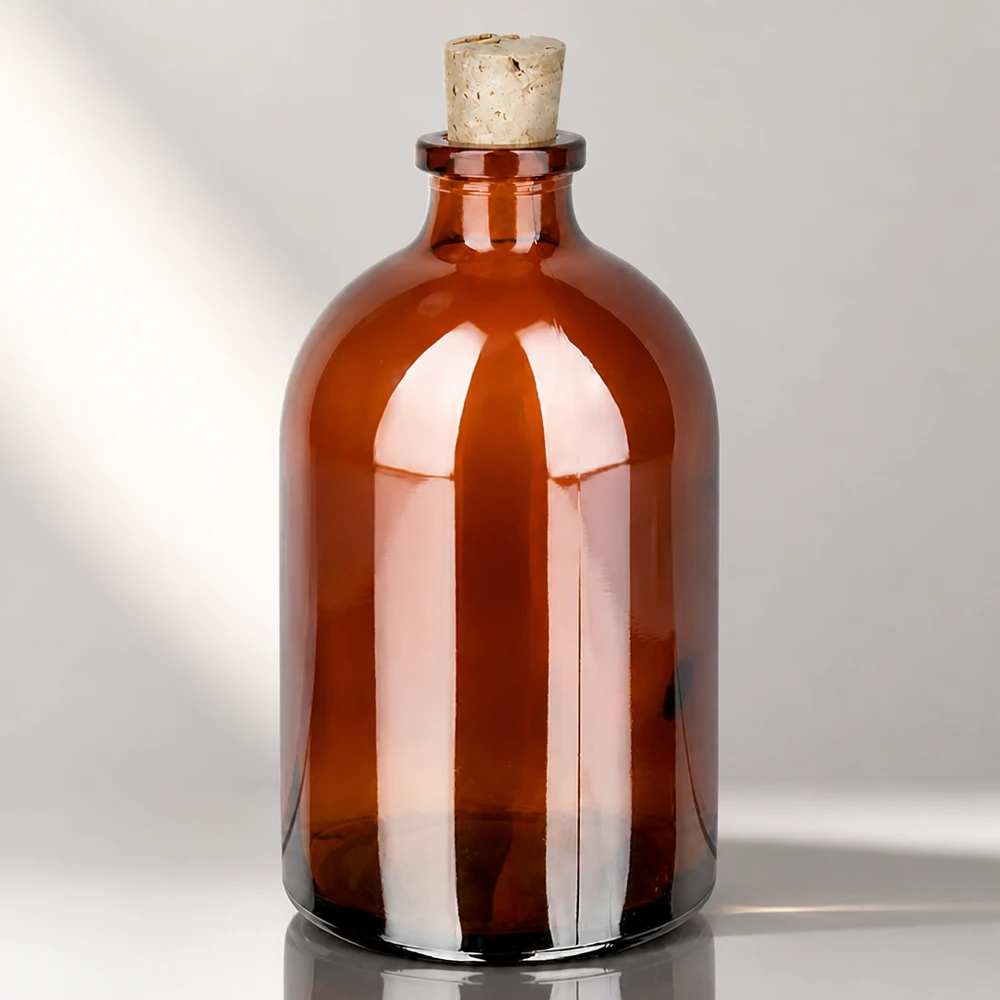 Jantarová skleněná láhev 100ml se zátkou 11/14mm Klassische Medizinflasche 100ml in Braunglas mit zylindrischem Korpus und Naturkorken 11/14mm