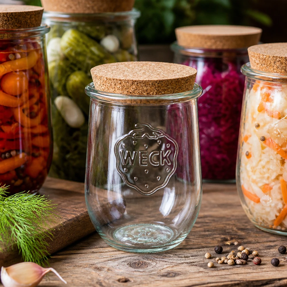 1062ml tulipánová sklenice WECK RR100 s korkem přírodní WECK RR100 Tulpenglas 1062ml mit Korken zwischen bunten Fermentationsgläsern eingelegtem Gemüse auf Holztisch