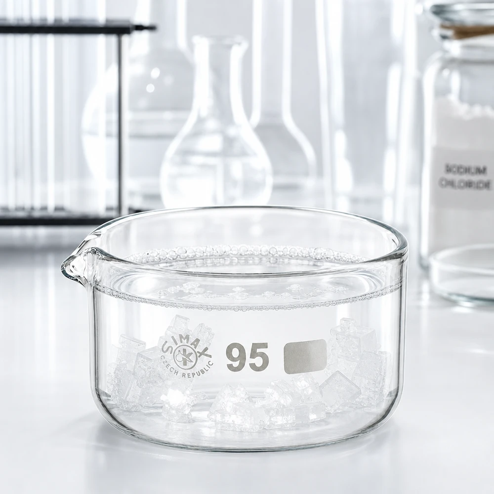 300ml krystalizační miska s borosilikátovou výlevkou ø95mm SIMAX Kristallisierschale 95mm Bodenbreite mit Natriumchlorid Kristallen im Experiment