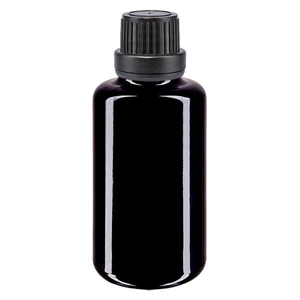 Lékárenská lahvička fialová 30ml kapátko uzávěr nalévací kroužek 2mm černá bezpečnostní uzávěr.