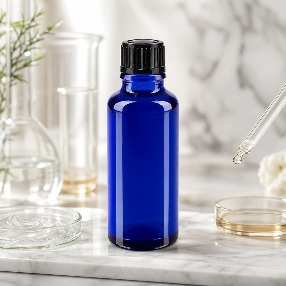 Zylindrische 30ml Blauglasflasche STD mit 1mm Tropföffnung und schwarzer Verschlusskappe