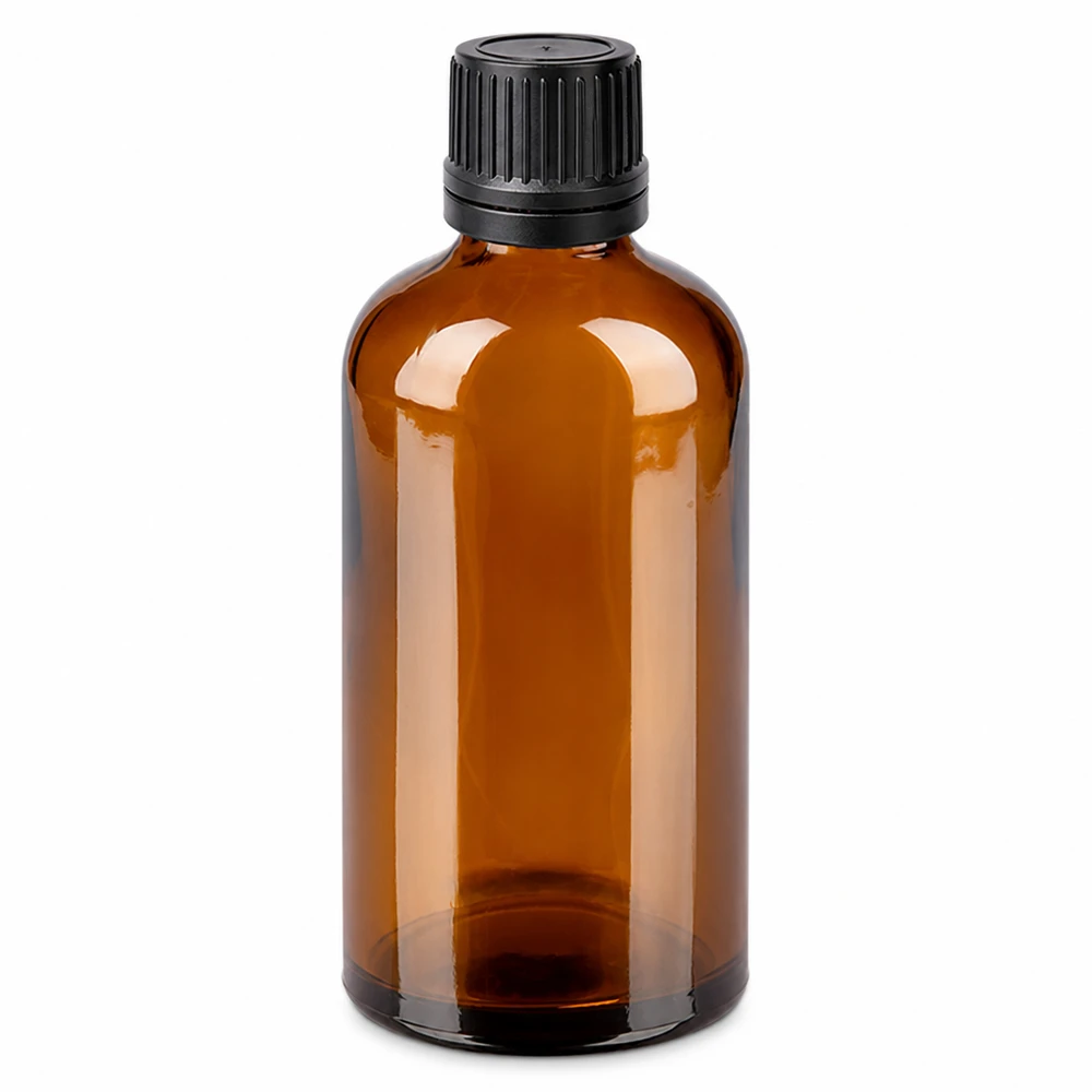 Präzise Dosierflasche 100ml bernstein mit 1mm Tropfeinsatz und kindersicherem Verschluss