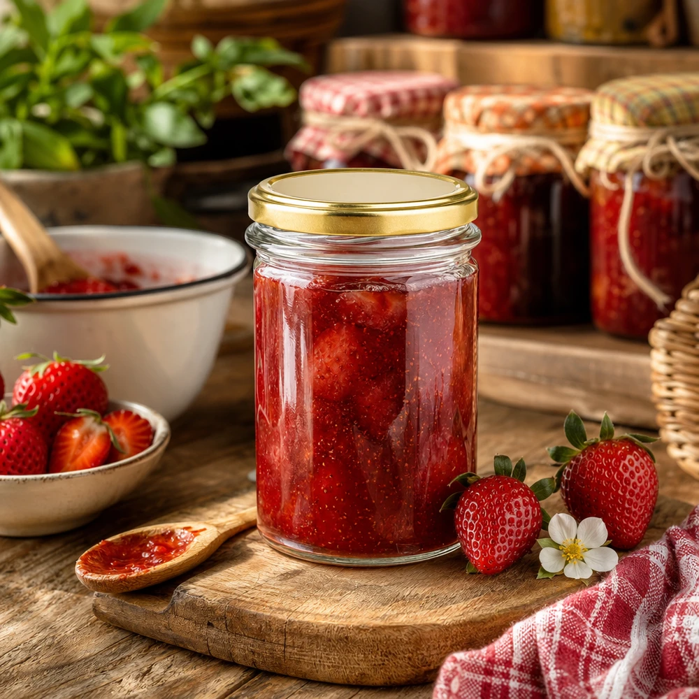 230ml Sturzglas mit goldenem BasicSeal Deckel UNiTWIST gefüllt mit Erdbeermarmelade neben frischen Erdbeeren