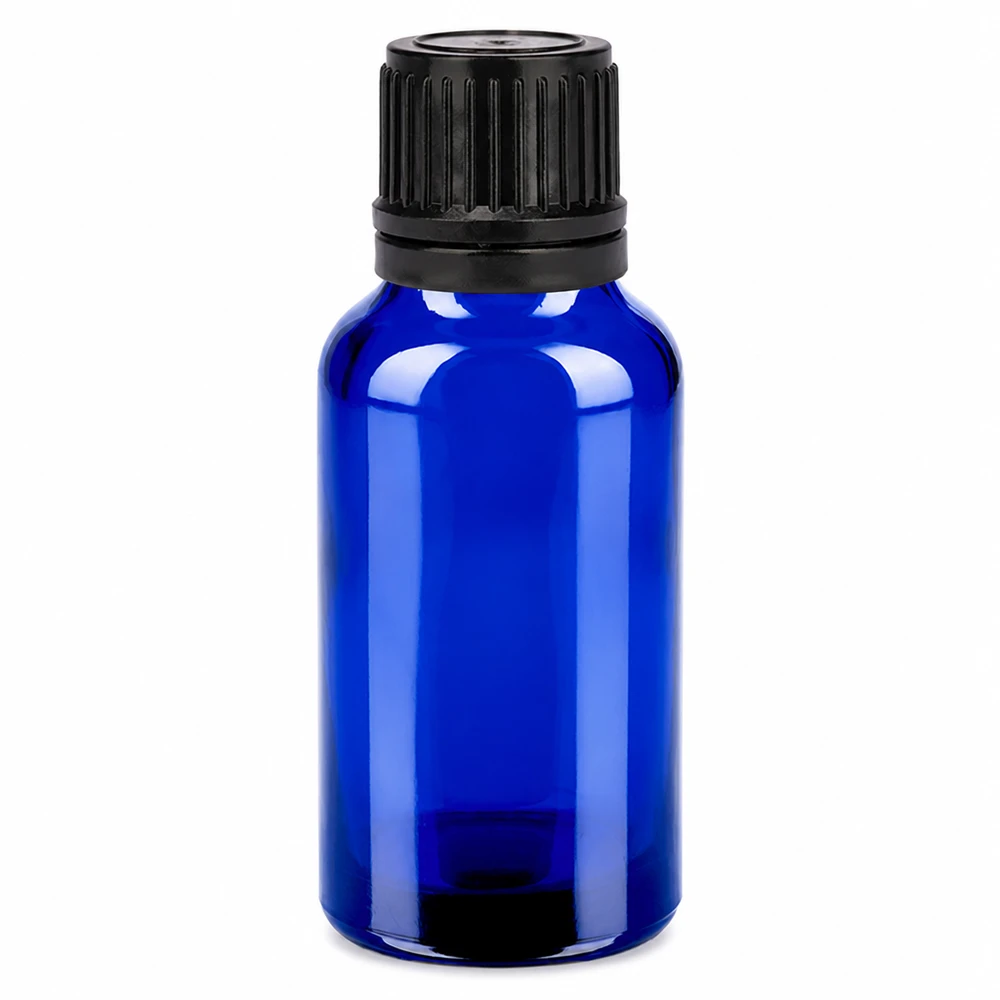 20ml lahvička 11mm šroubovací uzávěr černý s tamperem BlueLine UT18/20 Professionelle blaue Laborflasche 20ml mit dichtem Schraubdeckel für Pharmazie und Chemie