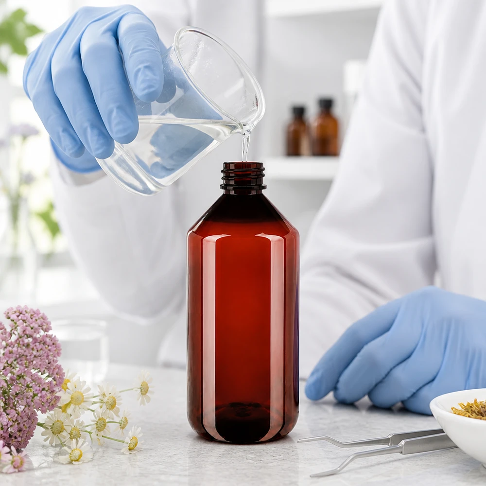 PET láhev 750ml se zeleným uzávěrem prokazatelným proti manipulaci. Čirá tekutina se plní do hnědé PET láhve o objemu 750 ml se šroubovacím uzávěrem
