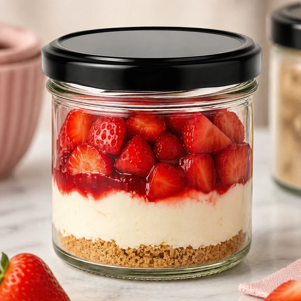 125ml kelímky s víčkem BasicSeal černé UNiTWIST 125ml Sturzglas mit schwarzem BasicSeal Deckel als Dessertglas mit Erdbeeren Sahne und Keksboden Cheesecake