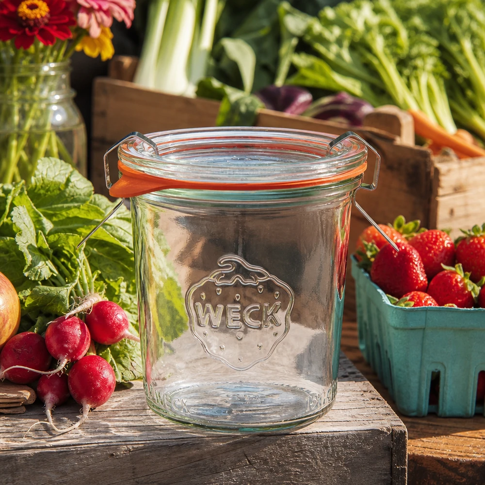 Kompletní 160ml sklenice se svěžestí WECK RR60 WECK 160ml Sturzglas RR60 leer mit Bügelverschluss zwischen frischem Gemüse und Obst auf rustikalem Holztisch