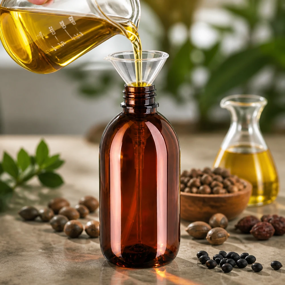 PET láhev 250ml s dávkovací pumpičkou černá Jantarově zbarvená PET láhev o objemu 250 ml se plní zlatým rostlinným olejem pomocí trychtýře