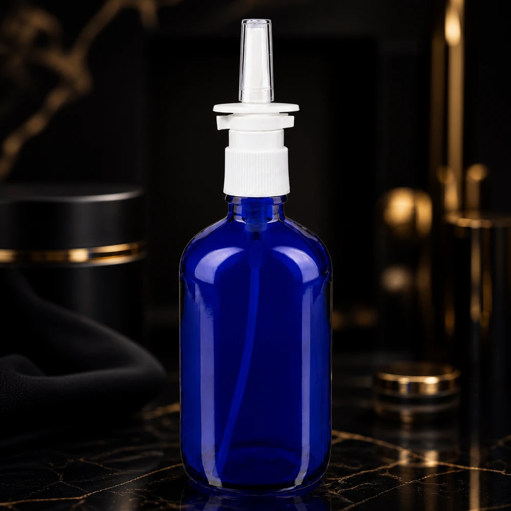 Zylindrische blaue Glasflasche 100ml mit weißem Nasensprayaufsatz und schmaler Applikatordüse
