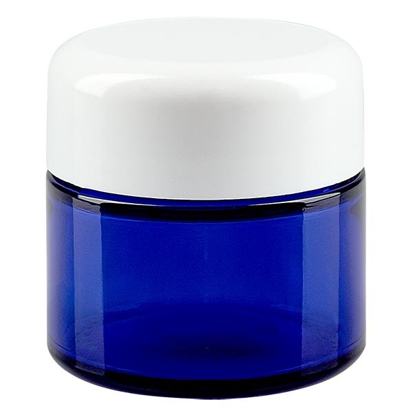 Skleněná dóza 50 ml. královská modř, s bílým bakelitovým víčkem ApoGlas. Skleněná dóza 50 ml. královská modř, s bílým bakelitovým víčkem ApoGlas.