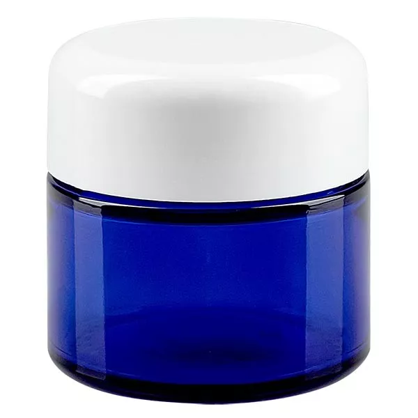 Skleněná dóza 50 ml. královská modř, s bílým bakelitovým víčkem ApoGlas. Skleněná dóza 50 ml. královská modř, s bílým bakelitovým víčkem ApoGlas.