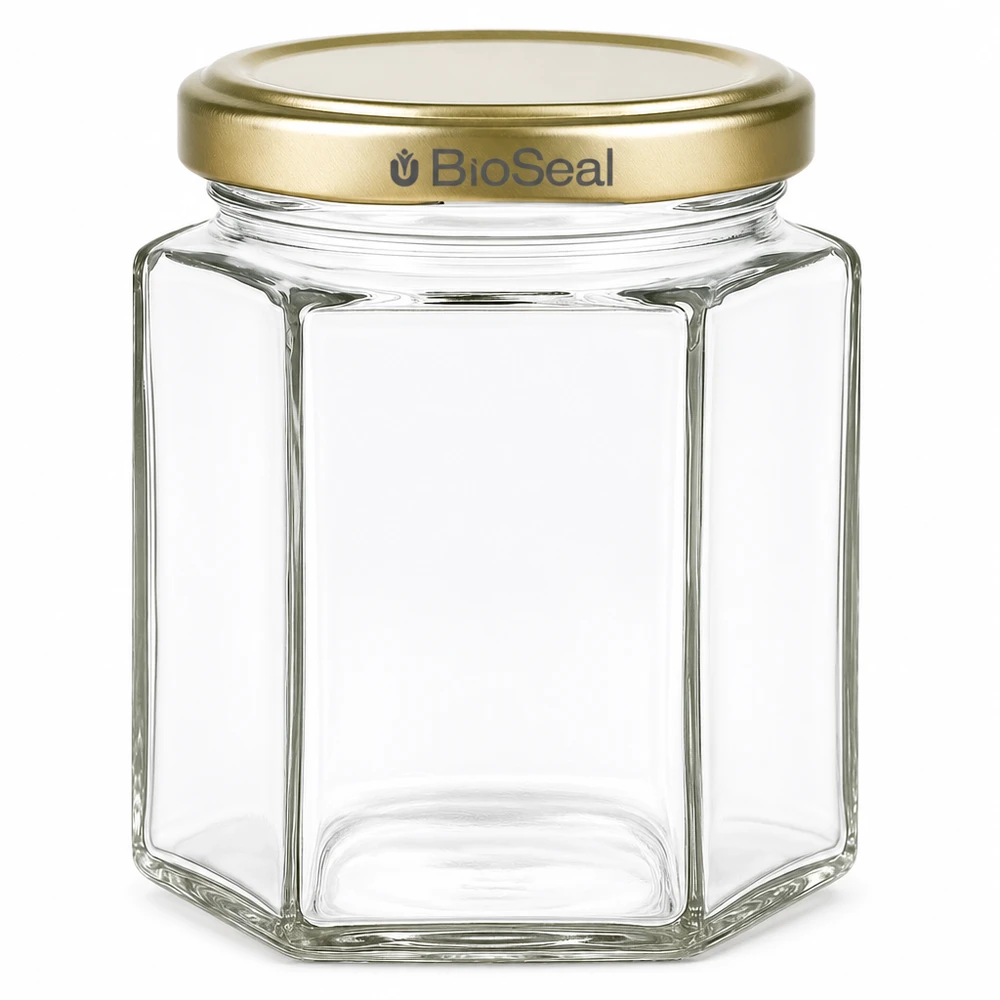 250g Honigglas sechseckig mit goldenem BioSeal Schraubdeckel leer transparent Glaskonserve für Honig