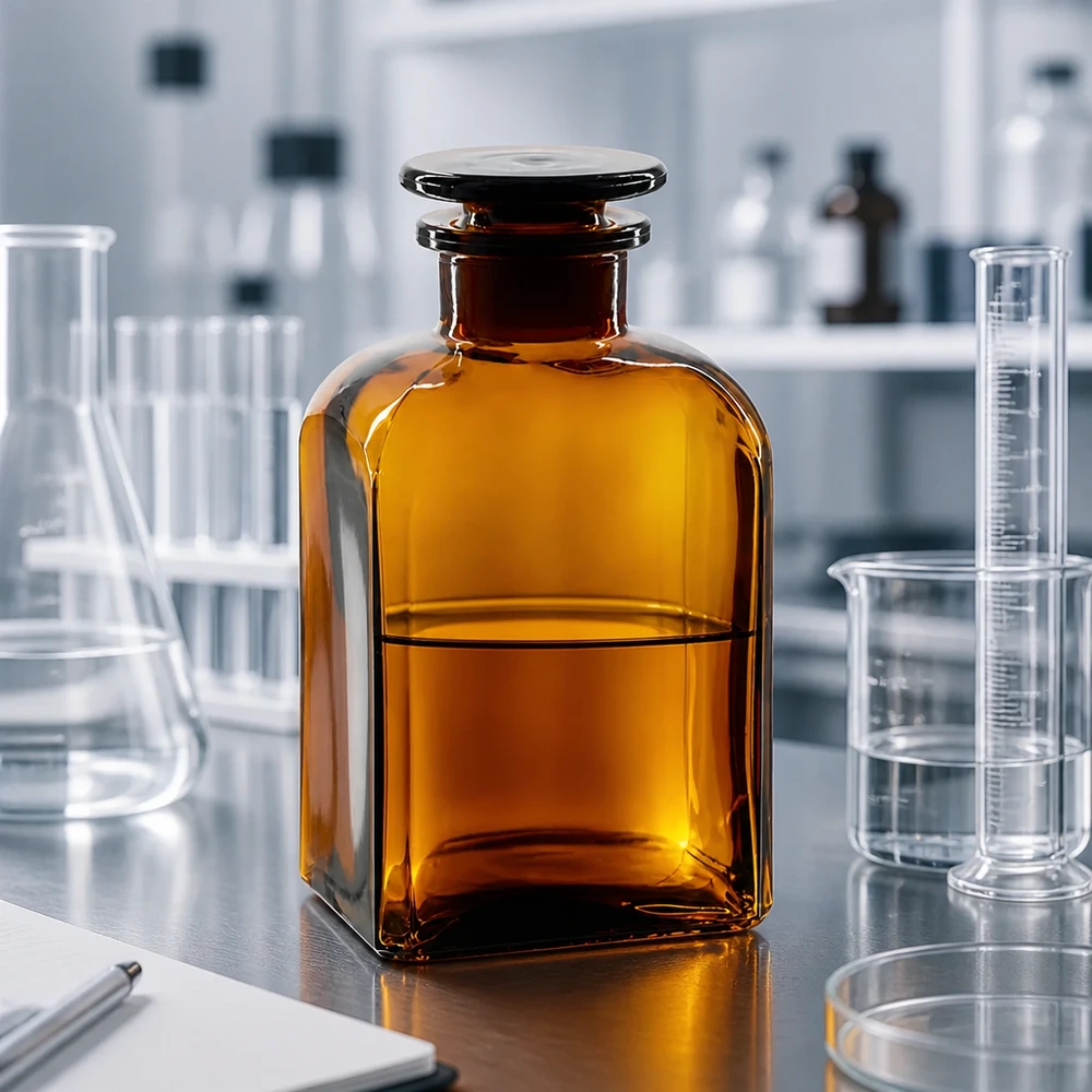 Hranatá láhev 500ml hnědá se širokým hrdlem skleněná zátka Braune Glasvorratsflasche 500ml mit breiter Öffnung und Stopfen für Laborchemikalien