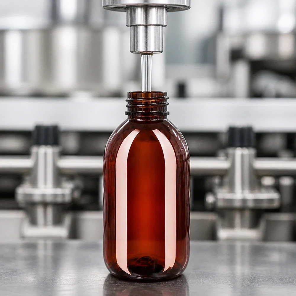 Hnědá PET láhev o objemu 250 ml s bílým, rýhovaným vnějším obalem se plní strojově