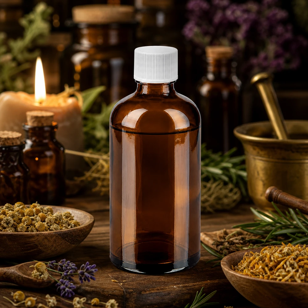 100ml láhev 11mm šroubovací uzávěr bílá Standard BrownLine UT18/100 Umweltfreundliche 100ml Mehrweg-Glasflasche in Apotheker-Qualität mit weißem Polymer-Verschluss