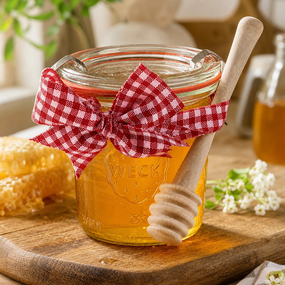 Mini sklenice WECK 140ml kompletní se lžičkou na med WECK Mini Sturzglas 140ml mit Honig gefüllt roter Vichy Karo Schleife Holz Honiglöffel Waben Landhaus Stil