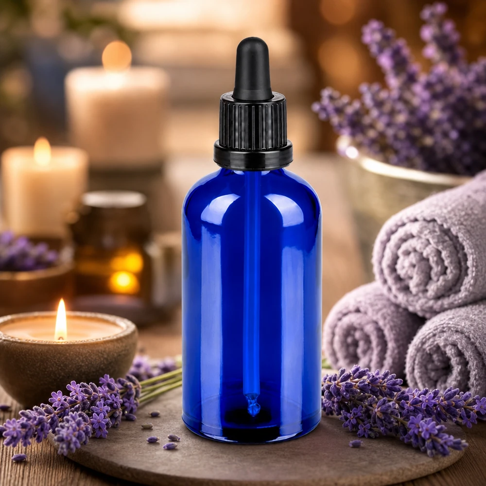 100ml pipetovací láhev černá s uzávěrem proti neoprávněné manipulaci BlueLine UT18/100 Apotheker-Flasche 100ml cobaltblau mit kindersicherem schwarzen Pipettenverschluss