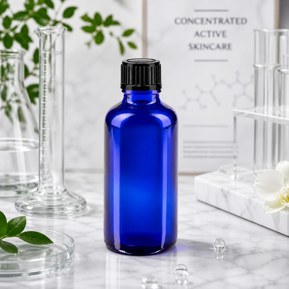 Kleine blaue Glasflasche 50ml mit gerilltem Schraubverschluss für ätherische Öle und Seren